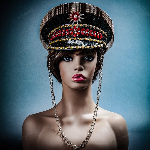 Black Military Captain Hat with Rhinestone and Gold chain For Burning Man Party - Picture 2 of 8